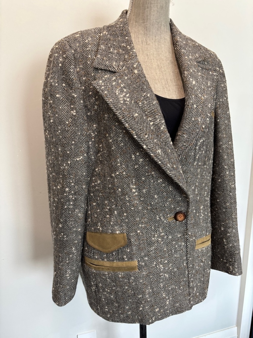 Alan Cherry Herringbone Tweed Blazer Suede Trim Wool Jacket Size 46 - Picture 4 of 15